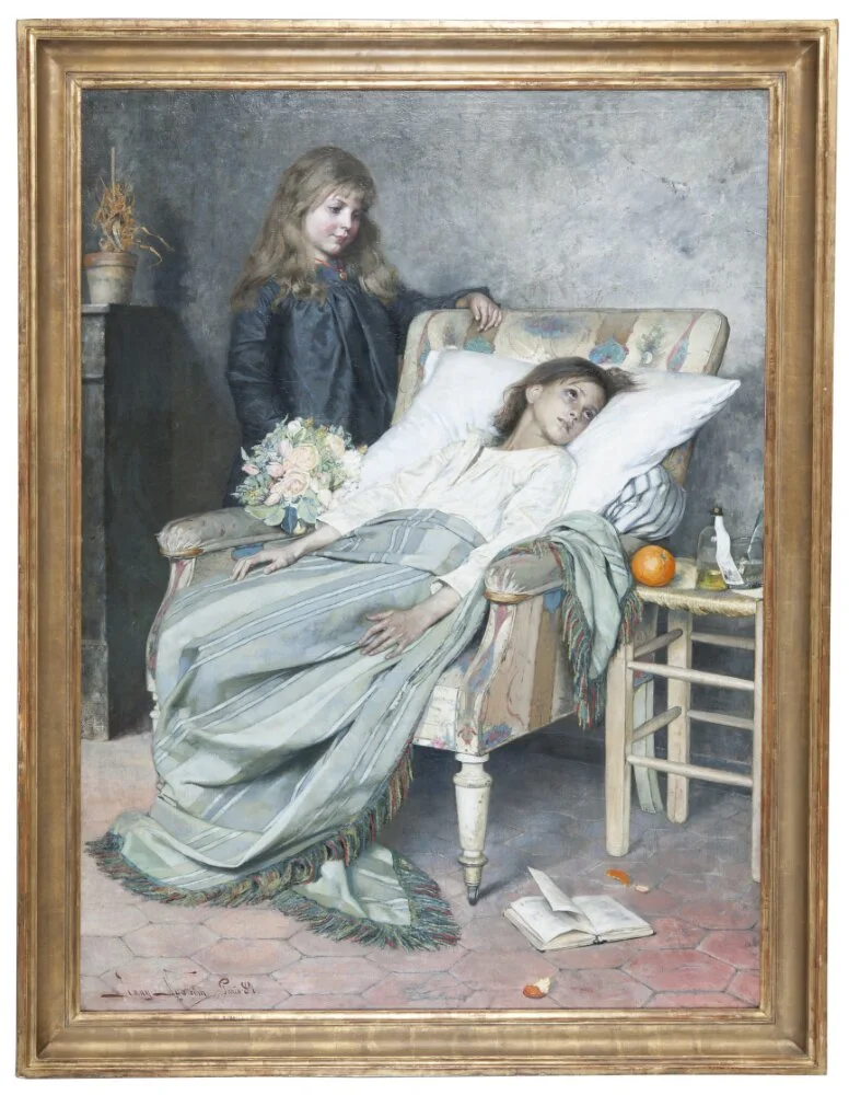 A sick child lies back in an armchair, propped up on pillows and covered with a blanket and looks away to the right. Another child stands beside the chair, holding a bunch of flowers and looking down at the convalescent.