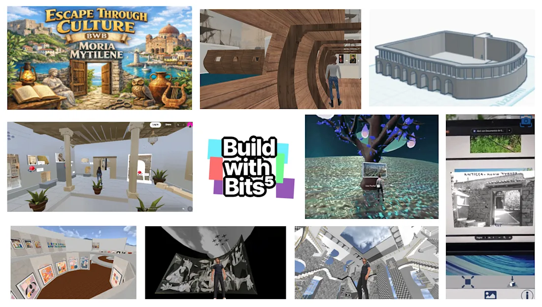 Collage of virtual worlds, digital museum exhibits, and 3D architectural models with the text Build with Bits.