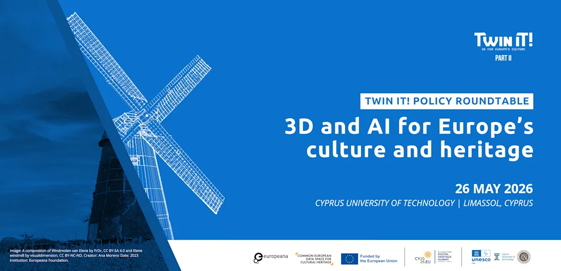 Banner for Twin it! Policy Roundtable, 26 May 2026, Cyprus; features windmill outline and event details.