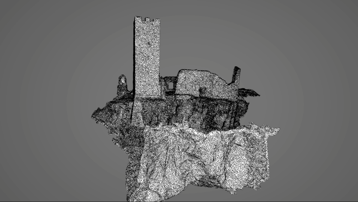 A black-and-white image showing a wireframe 3D model of the ruins of Momjan Castle's tower on the ground, floating against a neutral background.