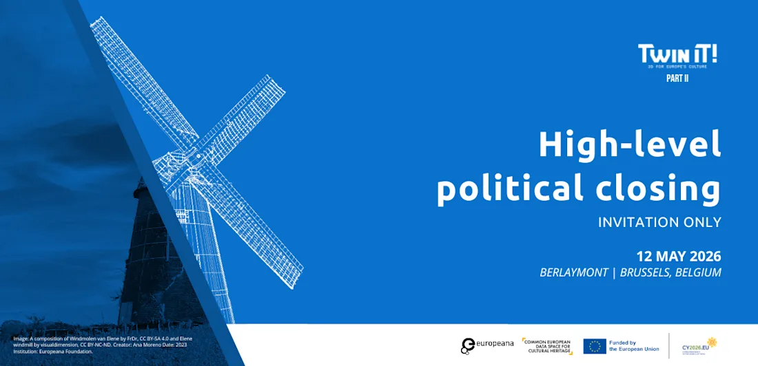Blue event banner with a white windmill graphic and text for a political closing on 12 May 2026 in Brussels.