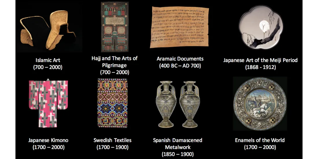 The eight Khalili Art Collections: Islamic Art (700-2000); Haij and the arts of pilgrimage (700-2000); Aramaic documents (400 BC - AD 700); Japanese art of the Meiji period (1868 - 1912); Japanese Kimono (1700 - 2000); Swedish textiles (1700 - 1900); Spanish Damascened metalwork (1850 - 1900); enamels of the world (1700 - 2000).