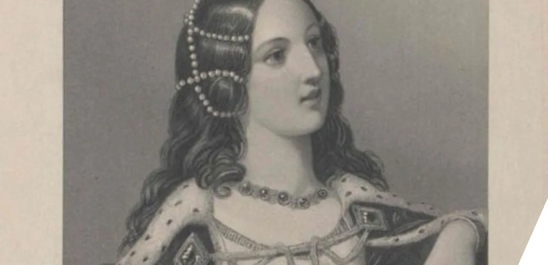 A historic portrait of Isabella of France, who wears ornate dress and pearls in her hair