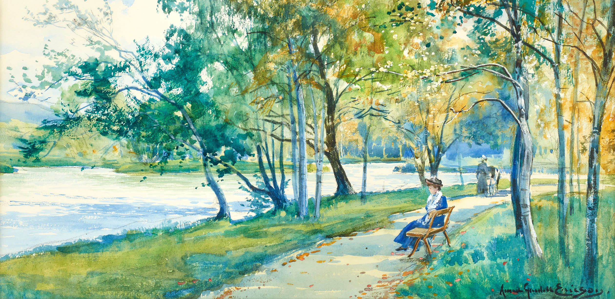 watercolour painting of a path by a lake in a park, a woman sits on a park bench under trees in a variety of shades of green.