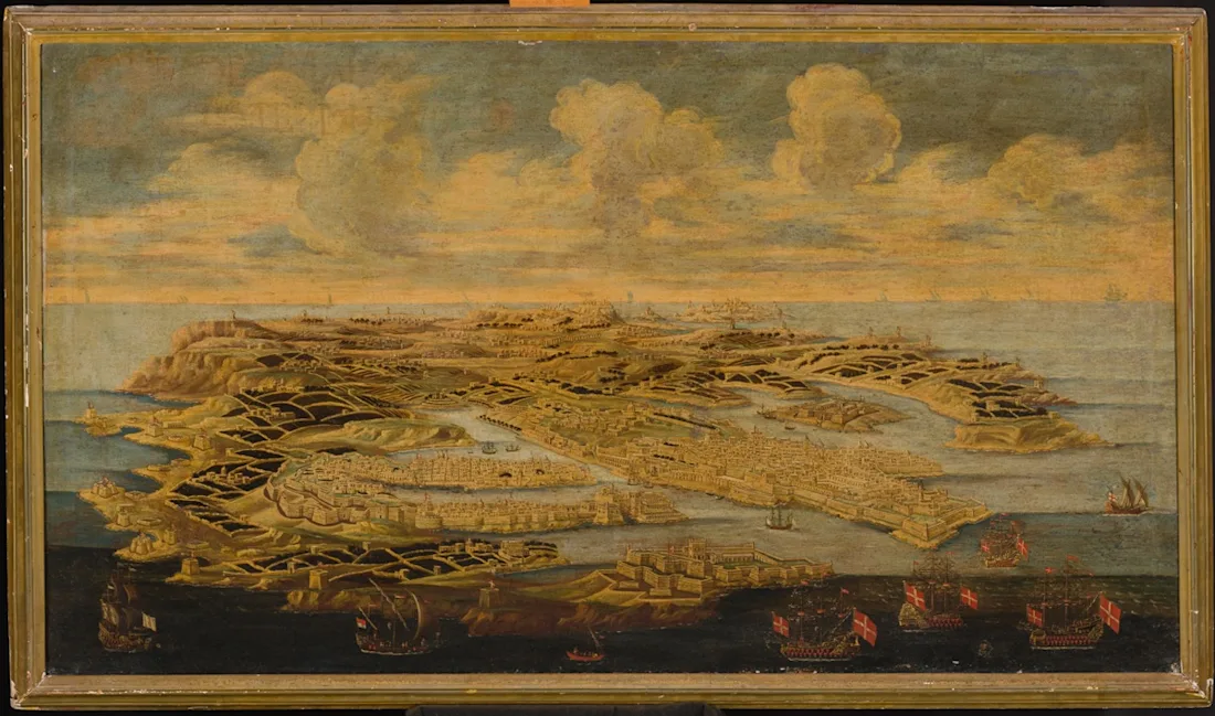 Birds Eye view of Malta with its Harbour and Fortifications