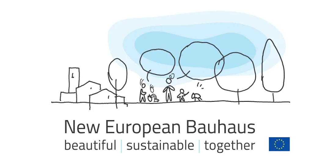 New European Bauhaus. Beautiful, sustainable, together. Sketch of trees and people.