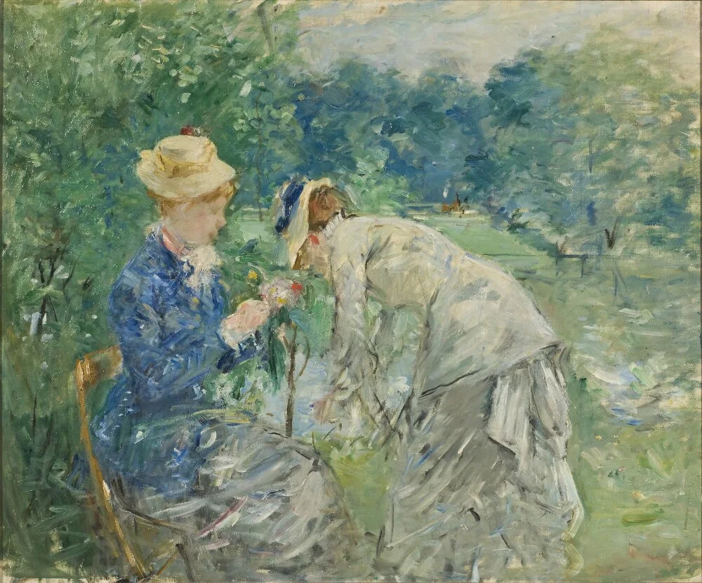 Two women in 19th-century attire, one seated and one leaning over, are in a garden setting with greenery and trees.