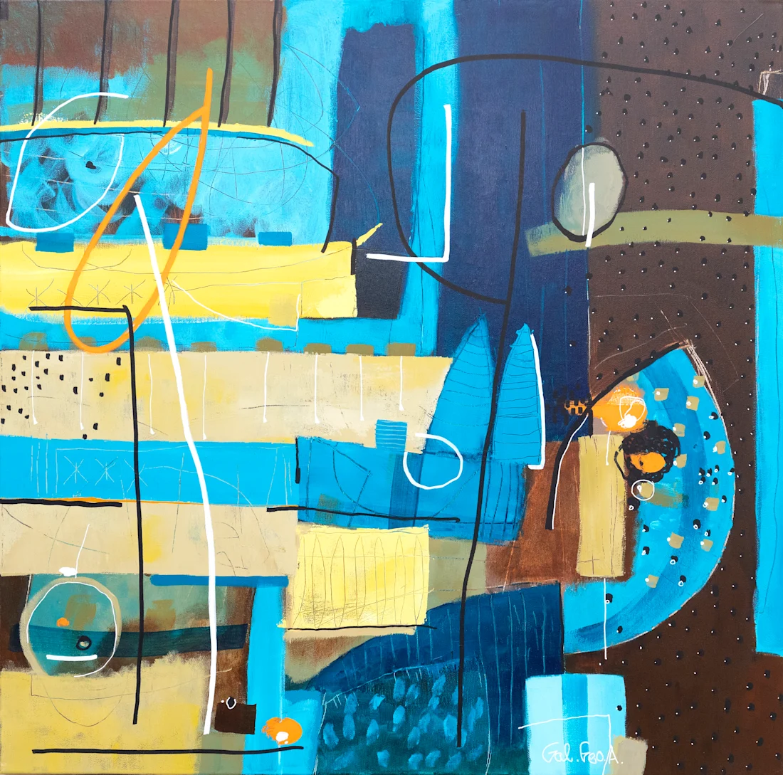 Abstract painting with blue, yellow, and brown shapes, lines, and dots in a layered, geometric composition.
