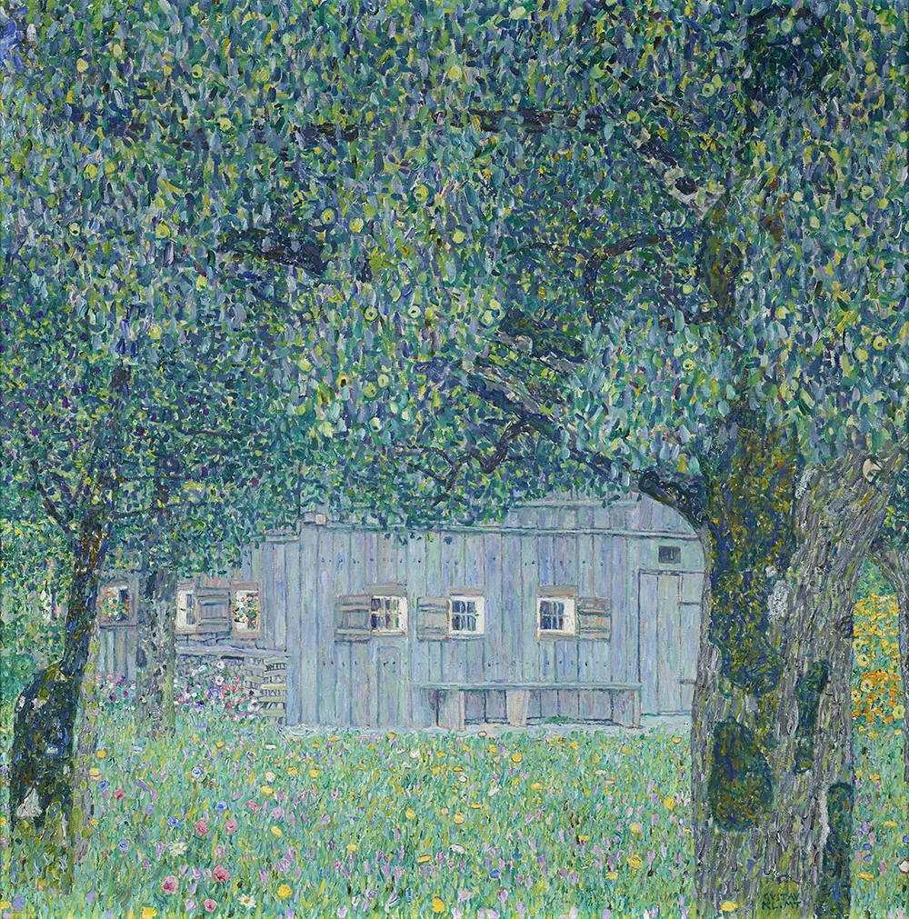 stylised colour painting showing a blue farmhouse among a meadow and trees