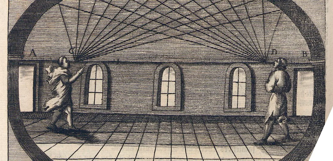An old engraving depicting two figures in a domed room with perspective lines extending from their eyes, illustrating vision or geometric perspective