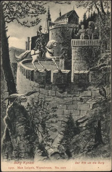 black and white illustration of a knight on a white horse standing on a castle wall