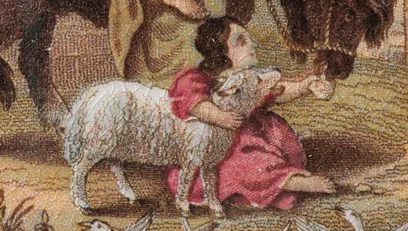 close-up illustation of a young girl in pink skirt hugging a sheep and feeding a horse