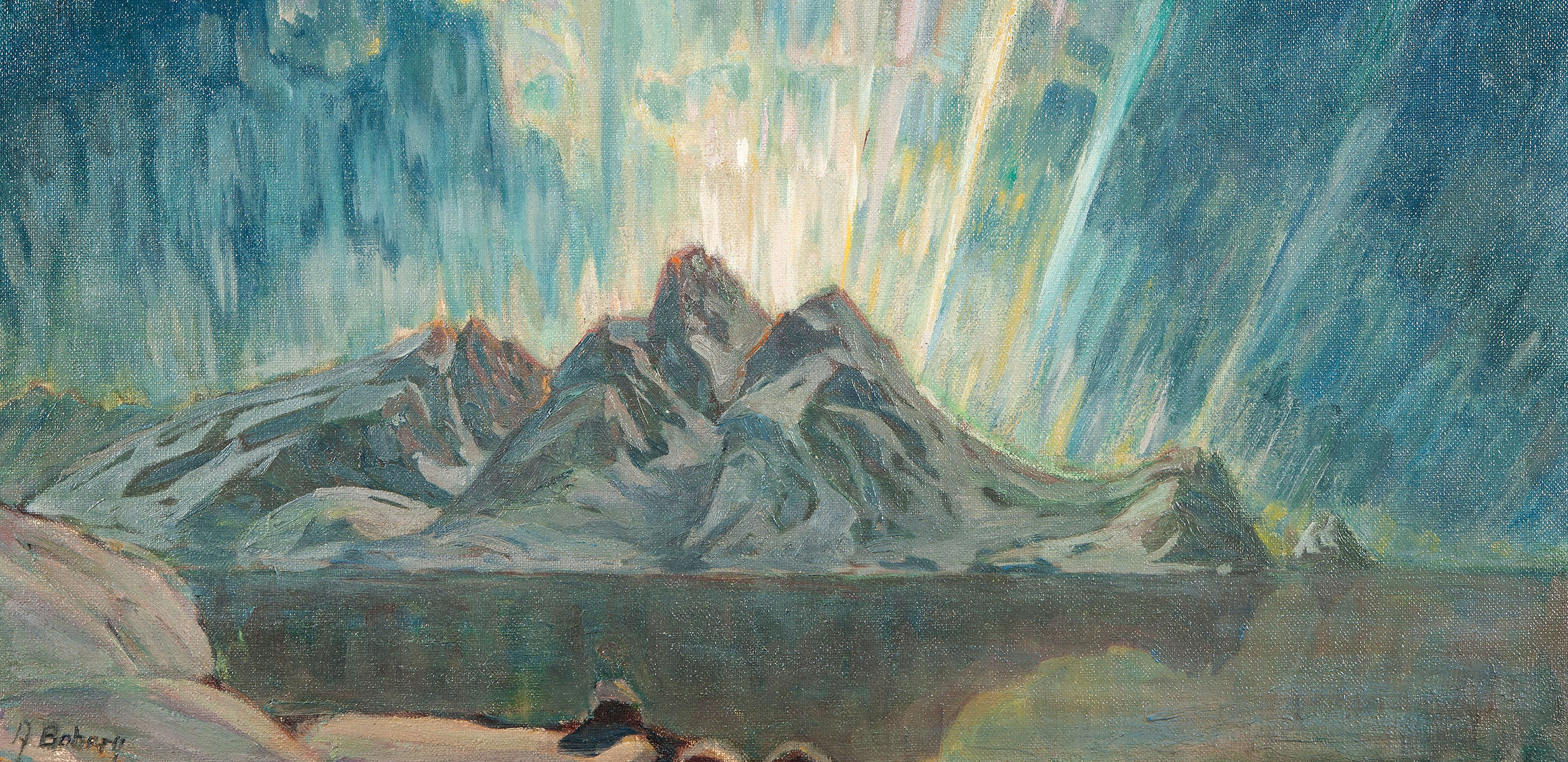 painting, blue and white rays of light shine from behind a mountain.