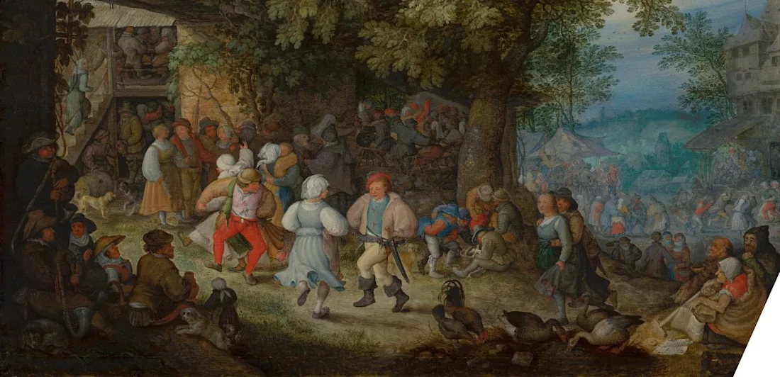 Painting of villagers dancing and socializing outdoors beneath large trees near rustic buildings, with a lively crowd and countryside setting.