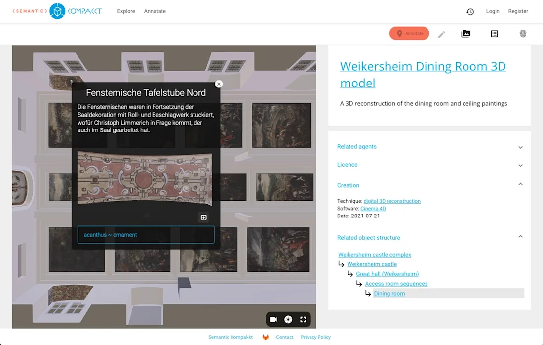 Screenshot of the Semantic Kompakkt presentation interface featuring a 3D model and multimedia annotations.