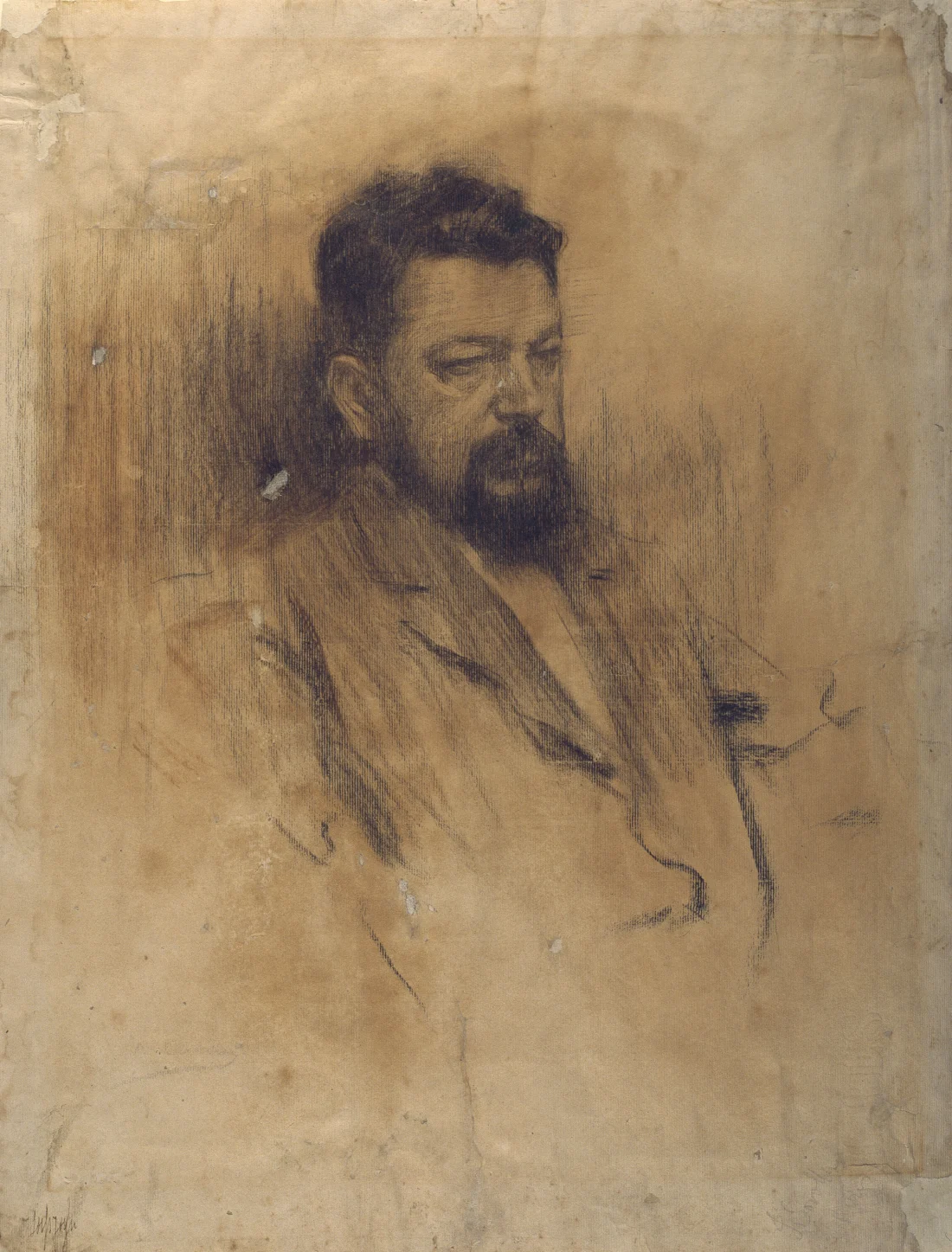 sepia-toned sketch, a profile portrait of a man
