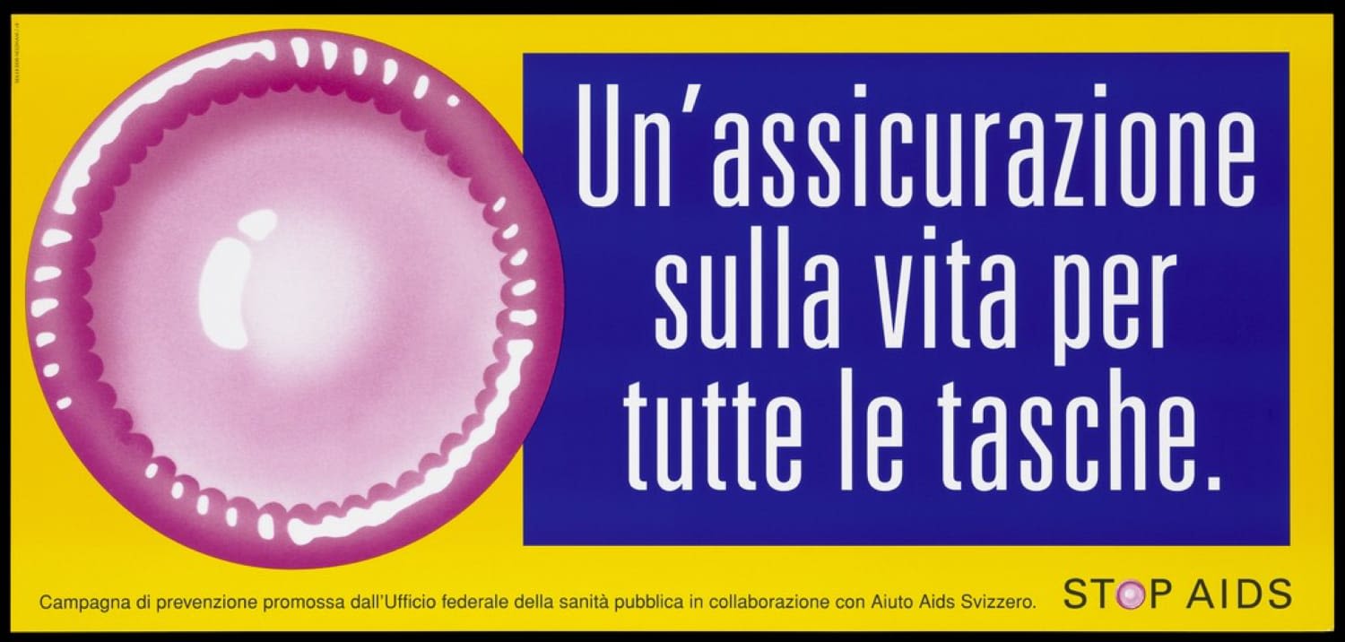 A large pink condom with a message in white lettering against a blue background suggesting condoms are 'life-insurance for every budget'; one of a series of safe sex posters from a 'Stop AIDS' poster campaign by the Federal Office of Public Health, in collaboration with the Aiuto AIDS Svizzero