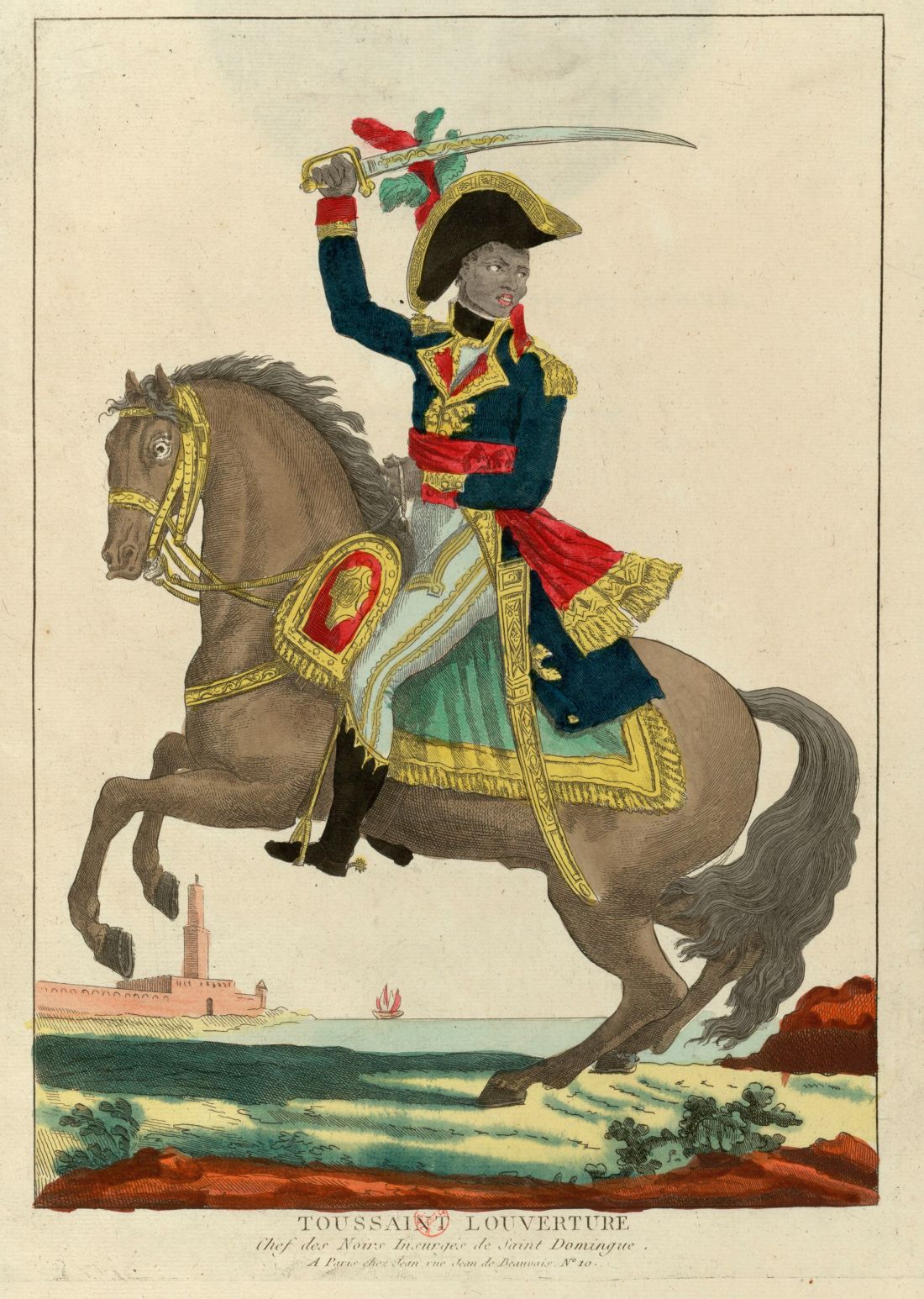  Une œuvre d'art représentant Toussaint Louverture en uniforme sur un cheval se dirigeant vers la bataille.