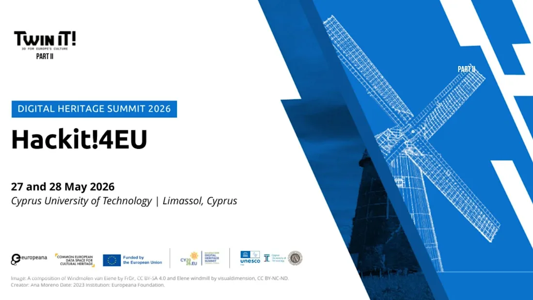 Event poster for “Hackit!4EU”, Digital Heritage Summit 2026, with a windmill graphic and event details.