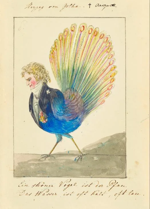 colour illustration showing a man's head on the body of a peacock