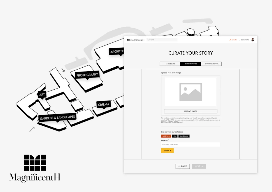 A website page overlaying a museum map, showing an image upload form titled Curate Your Story.