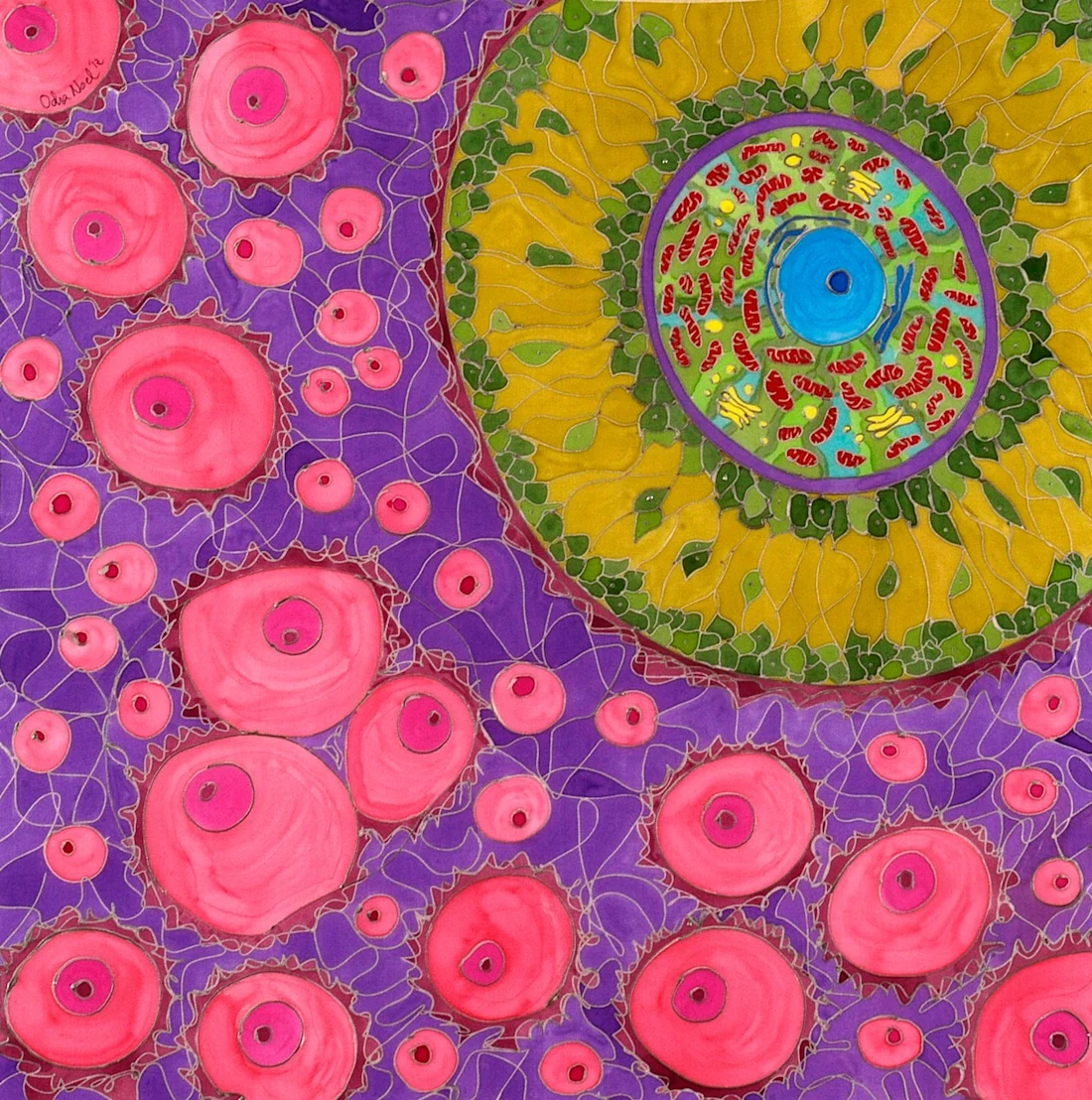 A maturing ovum with surrounding ovarian tissue. Cellular level art, paint on silk, digitised.