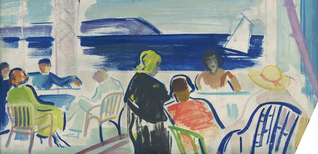 Painting of people sat in cafes beside a palm tree and water, with a sailboat on it and mountains in the distance