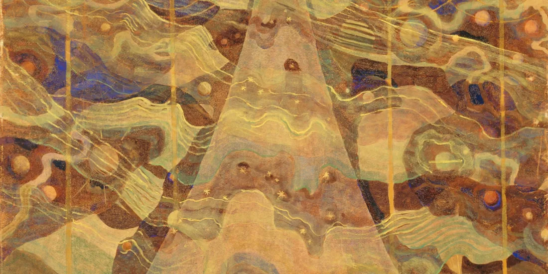 A painting of a road cutting through waves