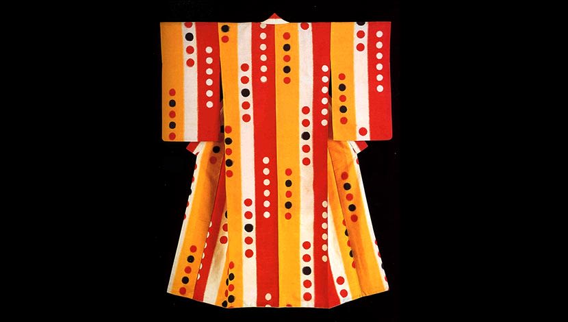yellow, orange and white kimono with red and black dots 