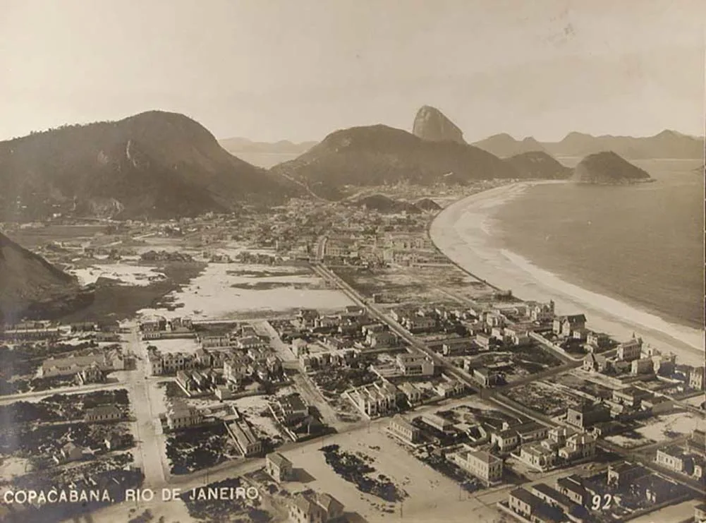 black and white photograph, a panorama view of Copacabana beach in Rio de Janeiro.