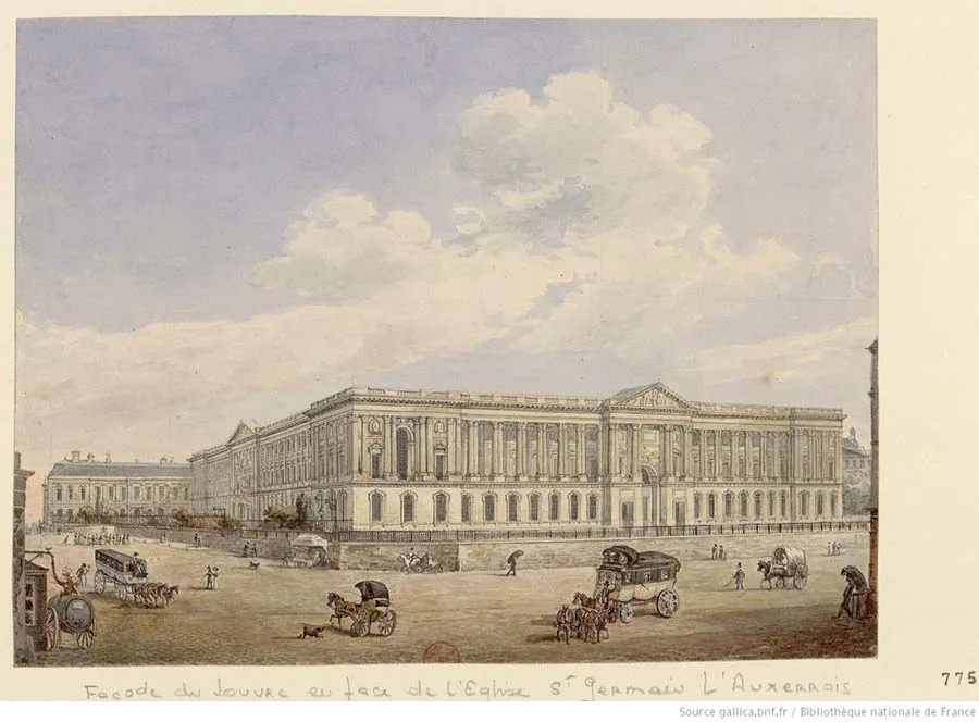colour print showing a view of the Louvre Museum
