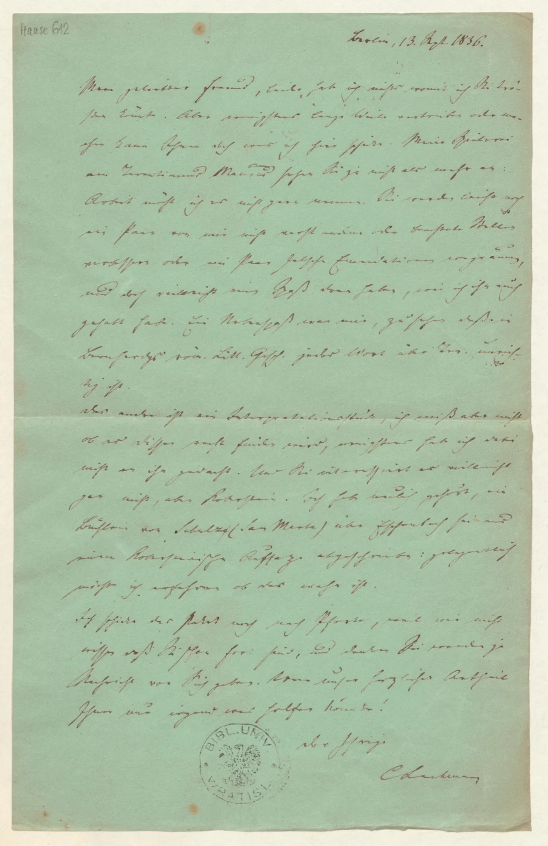 scan of a hand-written letter on light green paper