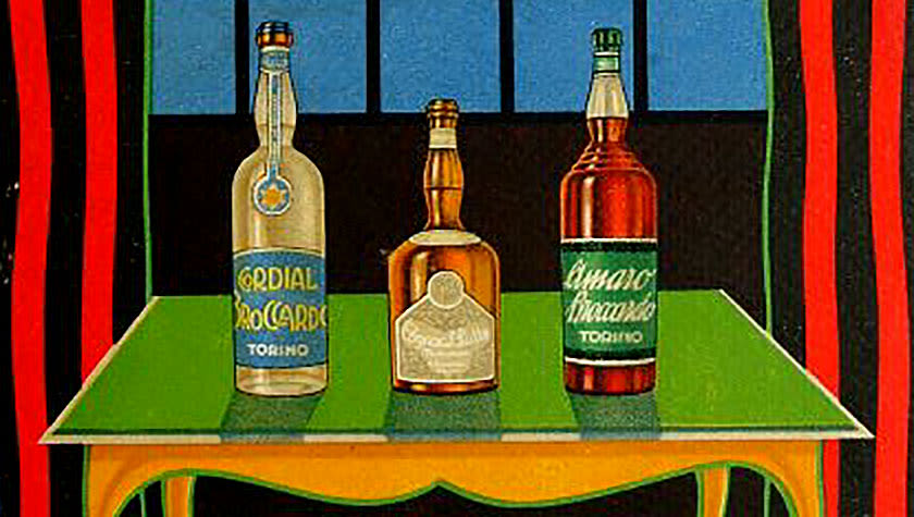 обрезанная иллюстрация с плаката вермута с изображением трех бутылок на столе
