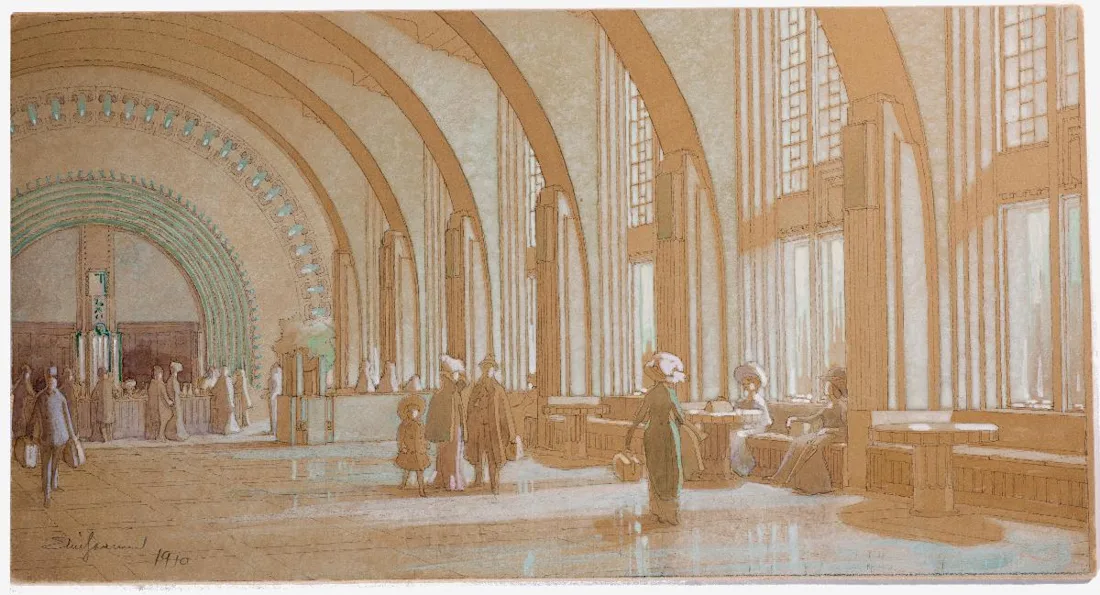 People walk and sit in a large, arched hall with tall windows letting in natural light.