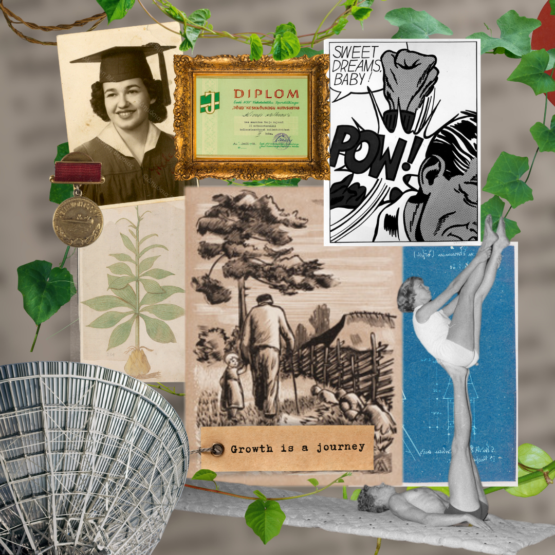 A collage including a certificate, a photograph of a graduate, gymnasts, a cartoon frame, and the text 'Growth is a journey'