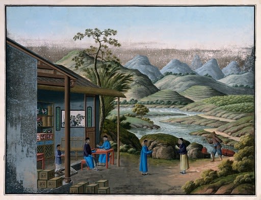 gouache painting of people packing tea into boxes, with a large tea plantation and mountains in the background.