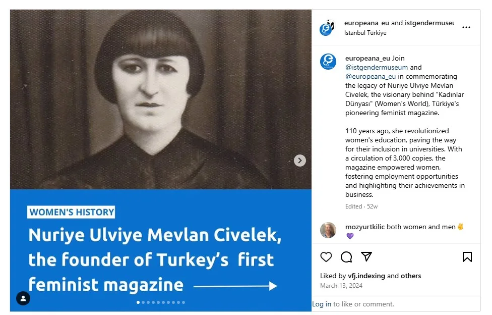 An Instagram post of Ulviye Mevlan Civelek, the founder of Turkey's first feminist magazine