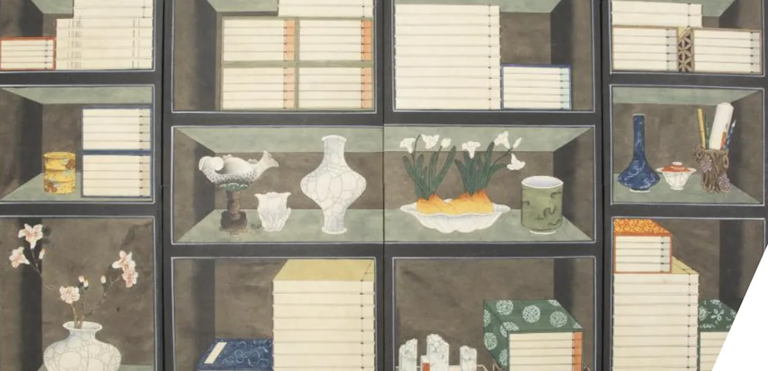 Books and vases on shelves painted on a screen door
