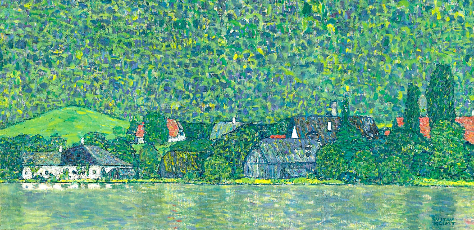 colourful painting showing buildings on a lake shore with forested hills behind