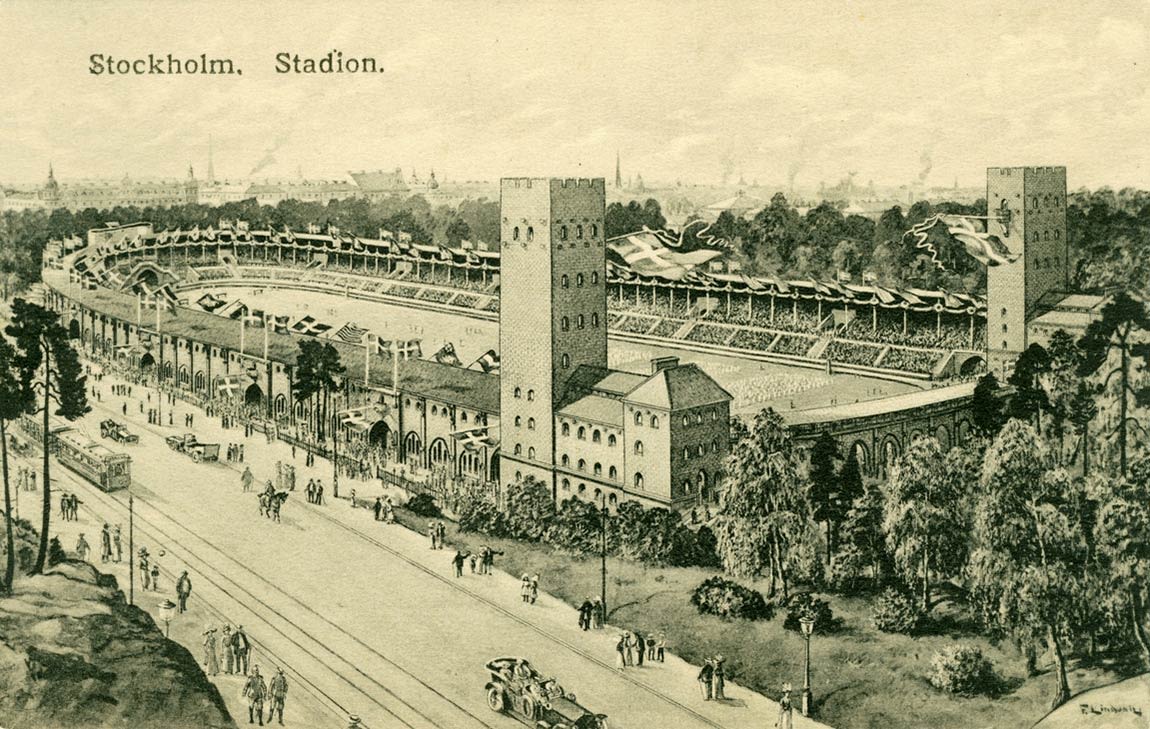 postcard with a black and white illustration of a large stadium.