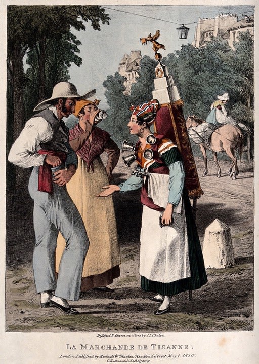a colour drawing of three people in colourful south American clothing. One woman is wearing a large rucksack and is holding out her hand to a gentleman who is in the process of pulling coins out of his pocket.