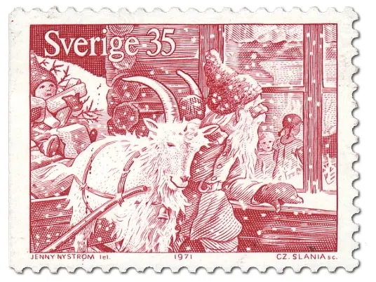 A postage stamp depicting a tomte, with a goat-drawn cart full of presents. He is looking through a window into a room with children in it. 