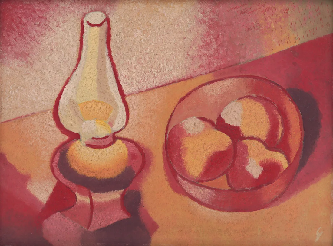Oil lamp and bowl of fruit on a red and yellow table in an abstract, textured art style.