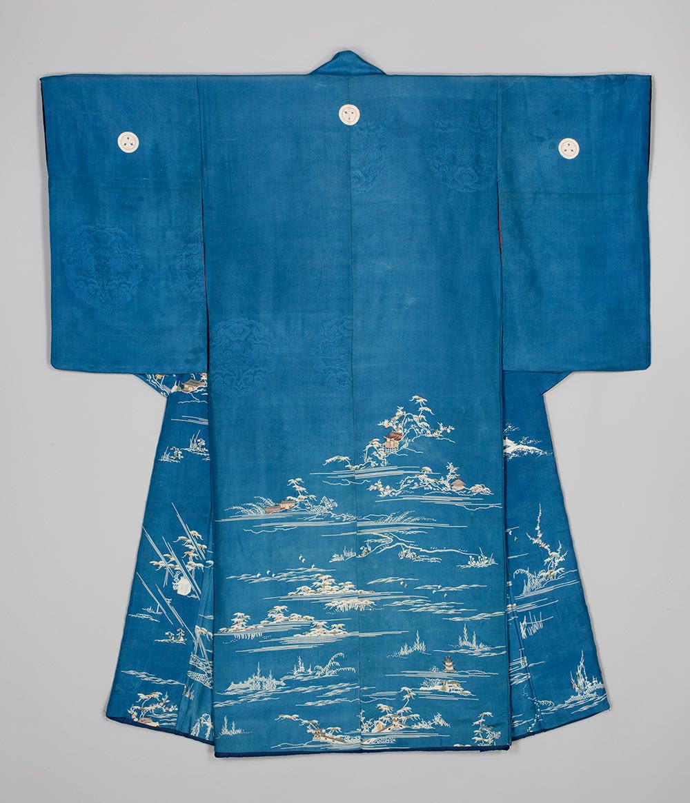 blue kimono with a design showing different landscape views