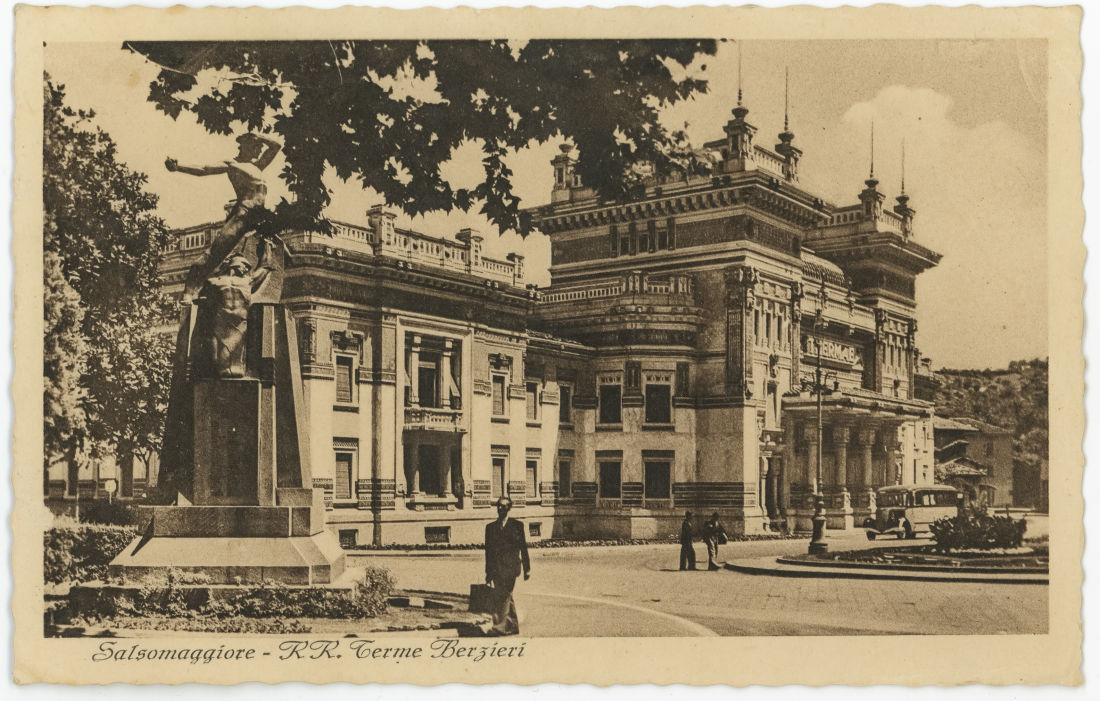 black and white postcard photograph of a thermal bath building