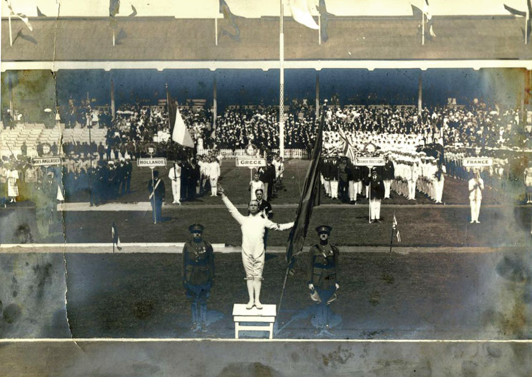 black and white photograph of opening event for the 1920 Olympic Games.