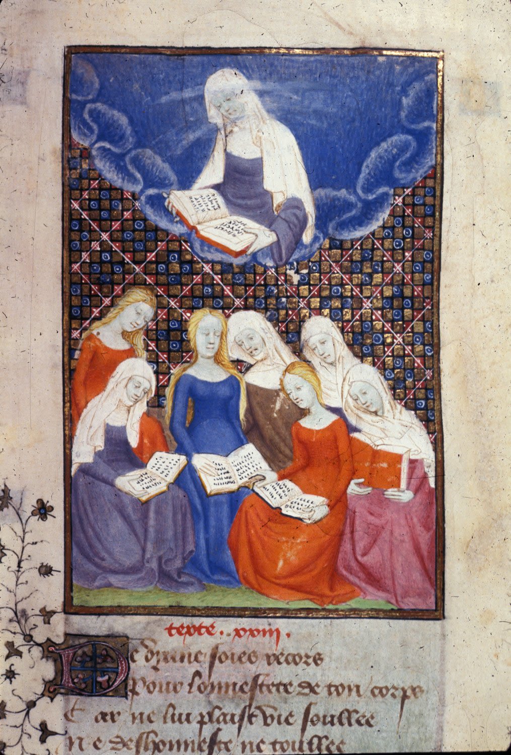 An assembly of women reading, in 'L'Épître Othéa'.