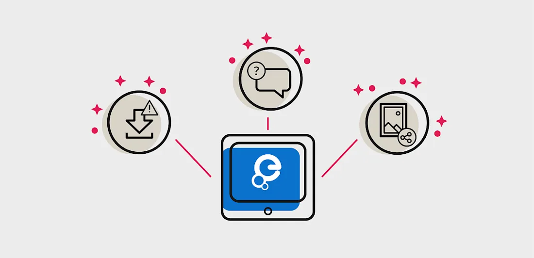 Website icons indicating download, a pop up message and sharing