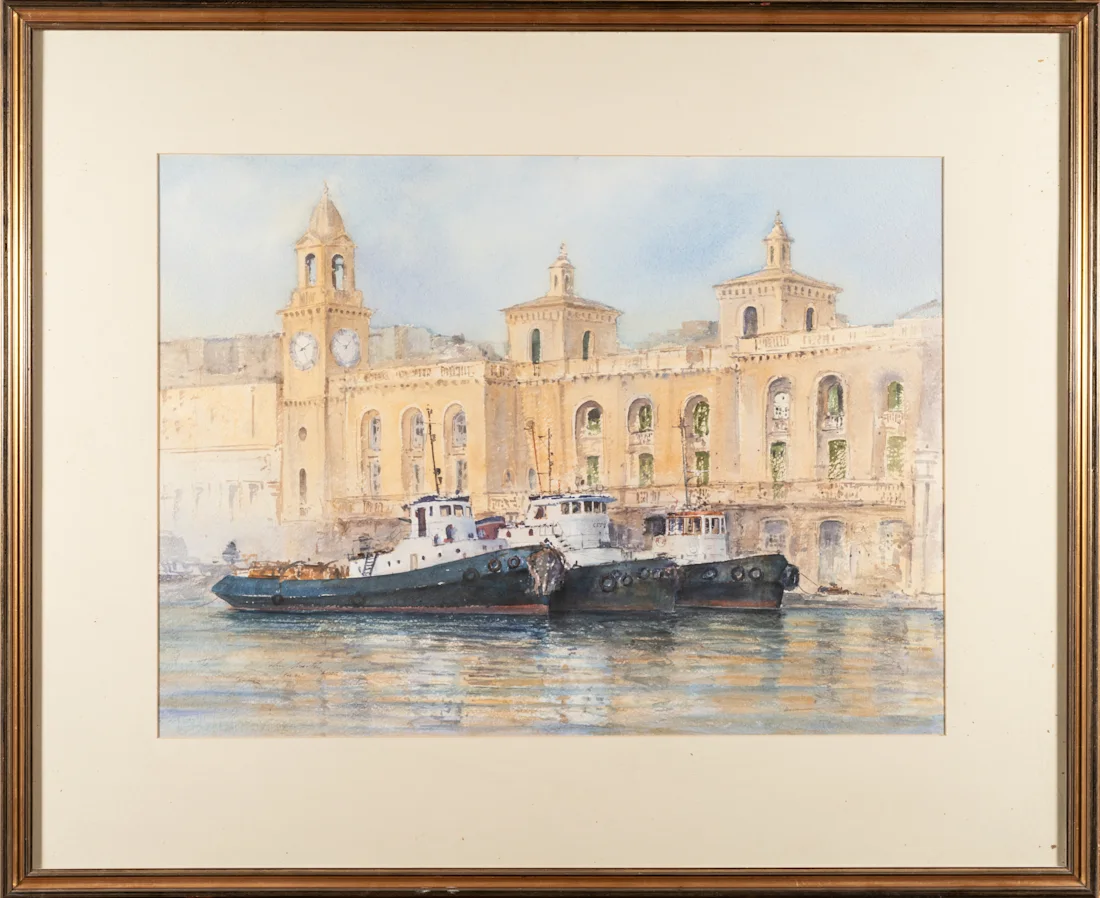 A watercolour painting depicting the Ex-Royal Naval Bakery and three tug boats