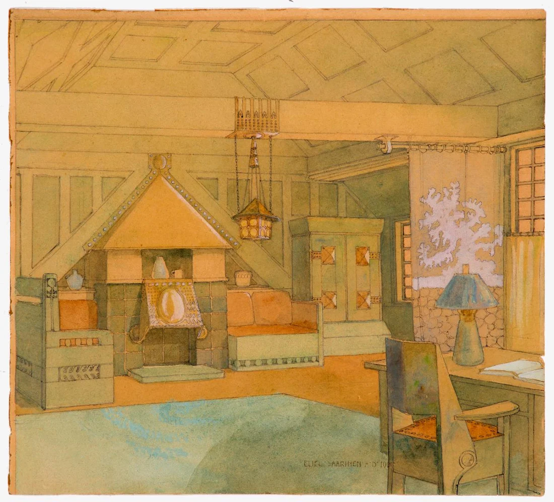 Cozy vintage living room with fireplace, green furniture, lamp, and wall hanging, in warm pastel tones.